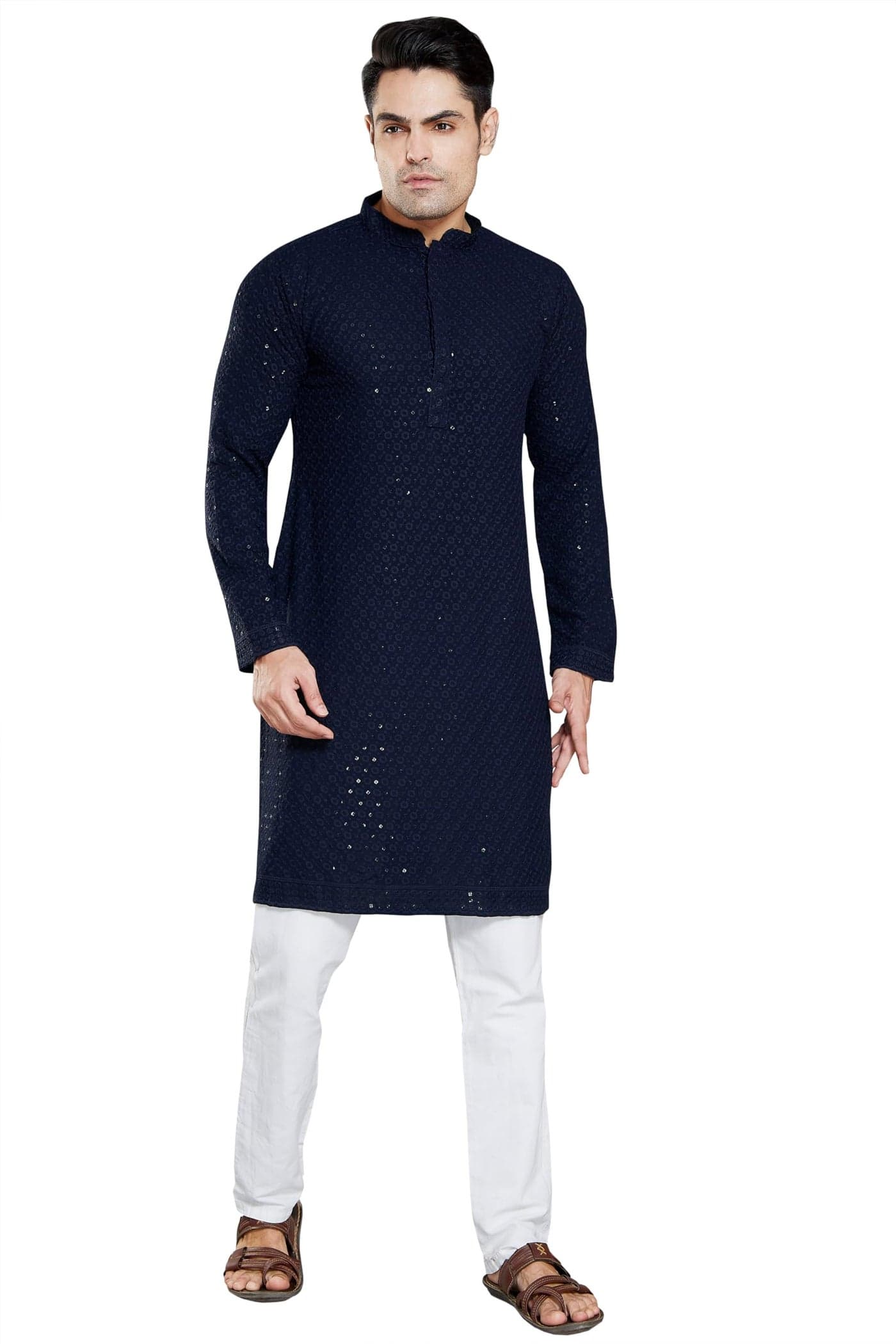 DIVISIVE Men's Sequince Embroidered Cotton Blend Slim Fit Kurta Pyjama Set (DKRT39_L_Navy Blue)