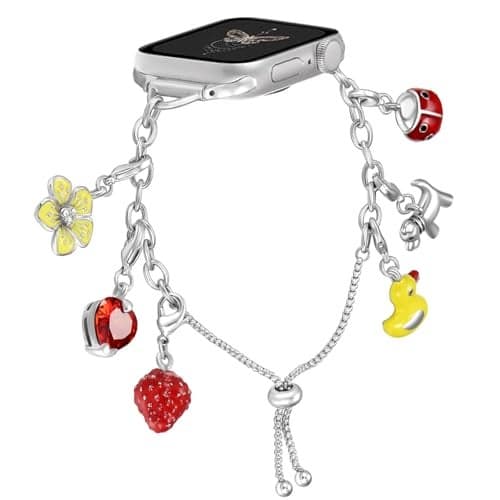 UNY JEWEL Charm Bracelet Band with Duck Strawberry Heart for Apple Watch 38mm 40mm 41mm Adjustable Silver Chain Strap iWatch Series 9 8 7 6 SE Women