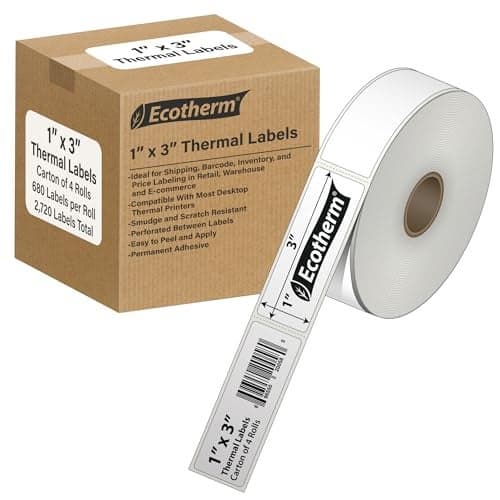 2.25" x .75" Thermal Labels | 4 Rolls | 7120 Labels | fits Zebra, Munbyn, Rollo, Godex, Arkscan, iDPRT, Offnova Thermal Label Printers and More | Blank White Adhesive Stickers by Ecotherm