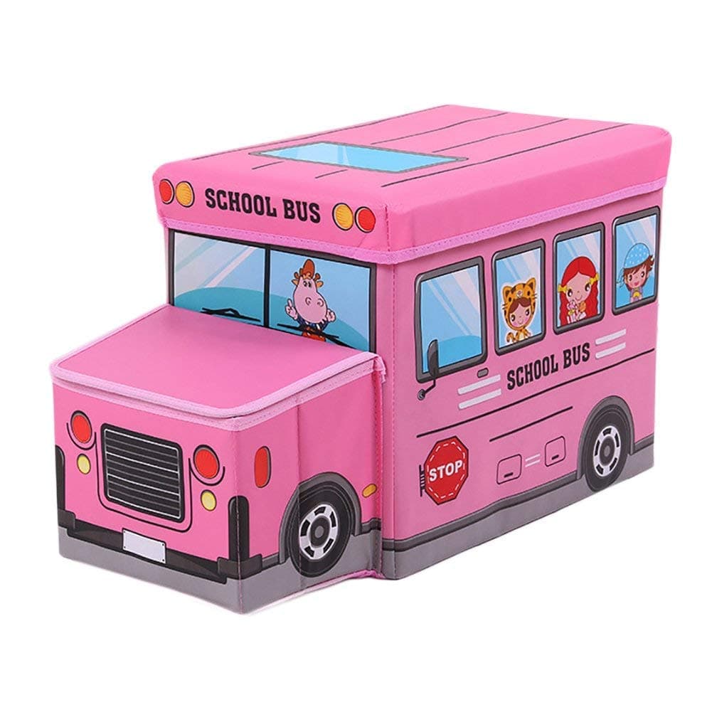 Inditradition Foldable Toy Storage Chest Box Cum Stool for Baby Girls Kids School Bus Shape Standard Pink