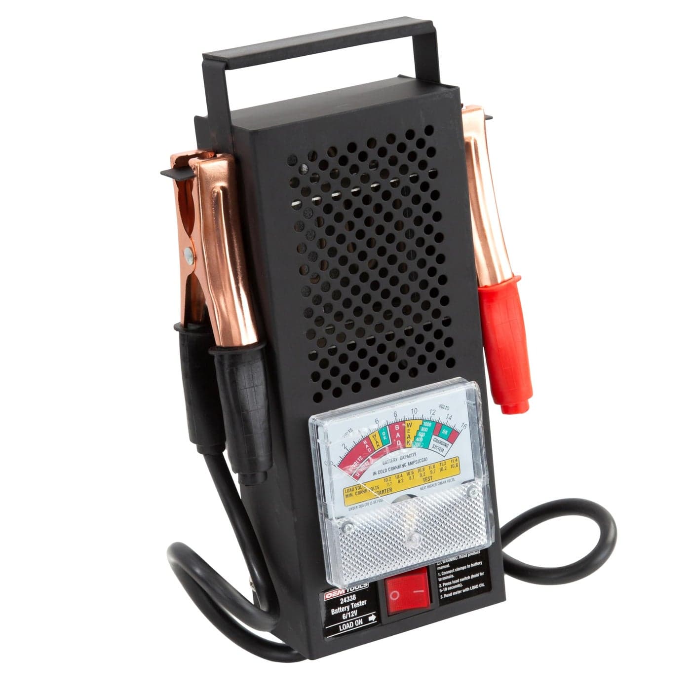 OEMTOOLS 24338 Battery Load Tester Battery Tester 12V Automotive EasytoRead Car Battery Tester Heavy Duty Clamps Shock Resistant Meter Housed in Sturdy Steel Case