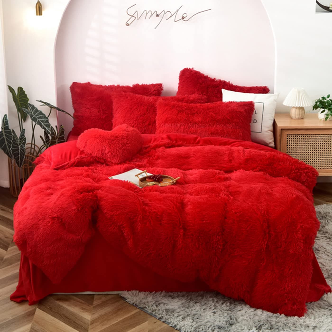MorroMorn 5 PCS Shaggy Duvet Cover Bedding Set Long Faux Fur Luxury Ultra Soft Red KingCalifornia King