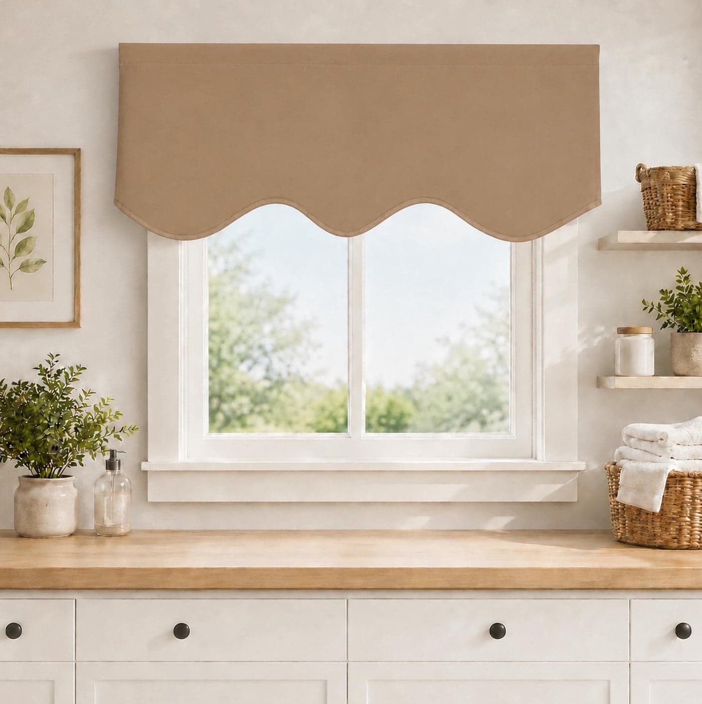 Aquazolax Short Valances for Windows Rod Pocket Blackout Scalloped Valance Solid Decorative Curtain Valence for Home Office Bedroom, 52inch Wide by 18inch Long, Taupe/Khaki, Single Piece