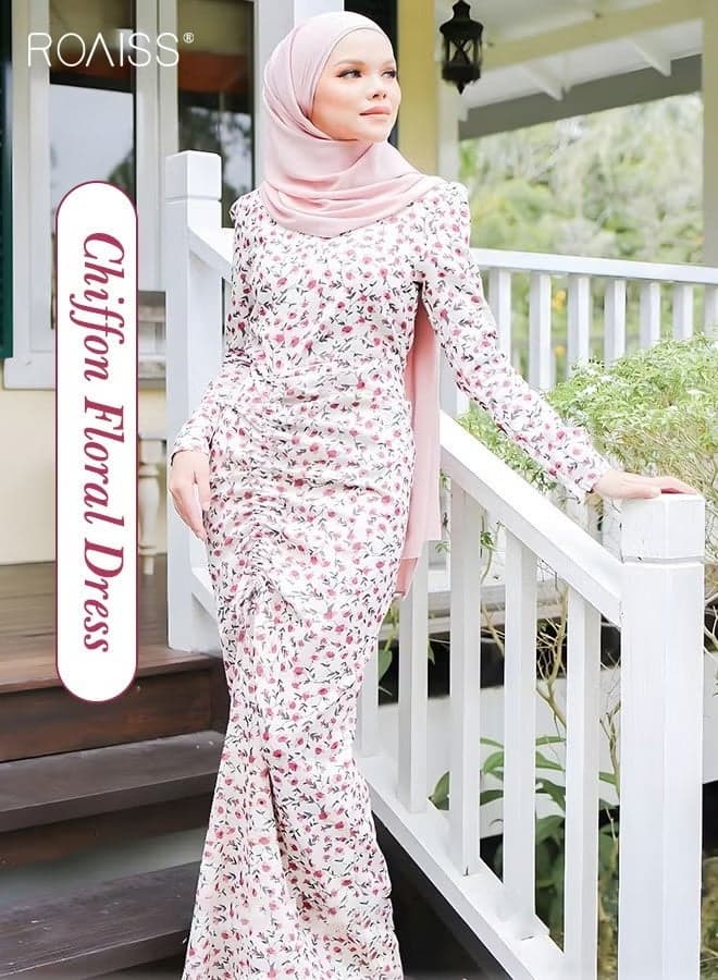 Women's Dress Simple Floral Flared Long-Sleeve Long Dress High-Rise Sweet Breathable Chiffon Shirring Design for Ladies Elegant Temperament Casual Outfit