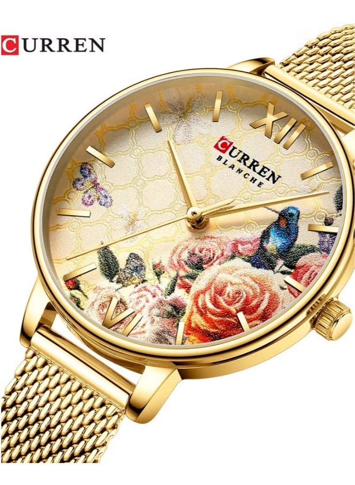CURREN 9060 Women's Flower Watch, Mesh Stainless Steel Band Wrist Watch-Gold