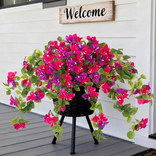 Homsunny Artificial Fake Flowers Plants for Outdoor Decoration, 2 Pcs Faux Silk Flower Bougainvillea Vines Look Real UV Resistant for Home Porch Patio Balcony Yard Spring Decor(Mix Purple)