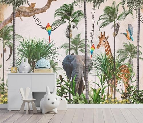 YQWDMX 3D Safari Wallpaper Tropical Jungle and Animals Plant Wallpaper Mural for Bedroom Kids Room Not Peel and Stick