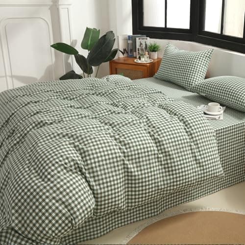 MorroMorn Green Gingham Duvet Cover Set 100% Washed Cotton Linen Like Soft, 3-Pieces Bedding Sets Comforter Cover & 2 Pillowcases - Breathable Durable Comfy Vintage Checkered Plaid (Twin 68"x90")