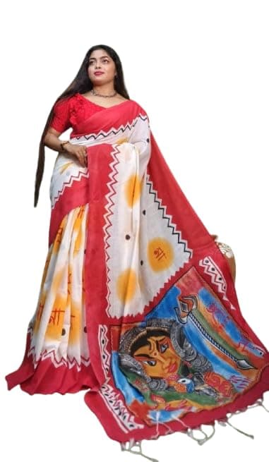 SAPTAK FASHION Durga Puja Special Edition Saree Pure Cotton Printed (Red & White) |Diwali Durga Puja Special Sari for women and girls |