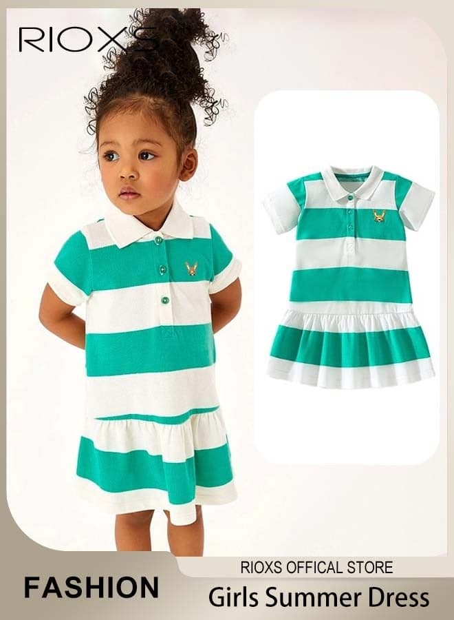 Toddler Girls' Short Sleeve Polo Dress, Summer A-line Button Up Pleated Tennis Dress for Kids Girls, Soft Comfortable Golf Dress with Adorable Pattern, Breathable Sport Causal Beach Sundress for Daily Wear, Vacation, School, Playing and More, White and Green