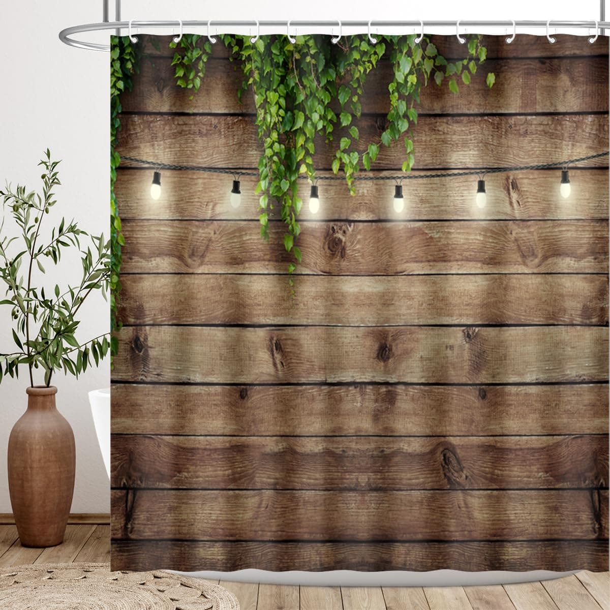 BIYSUC Rustic Wooden Board Shower Curtain Green Leaves on Farmhouse Vintage Wood Grunge Planks Barn House Door Country Life Waterproof Polyester Fabric 72x72 inchs with 12pcs Plastic Hooks