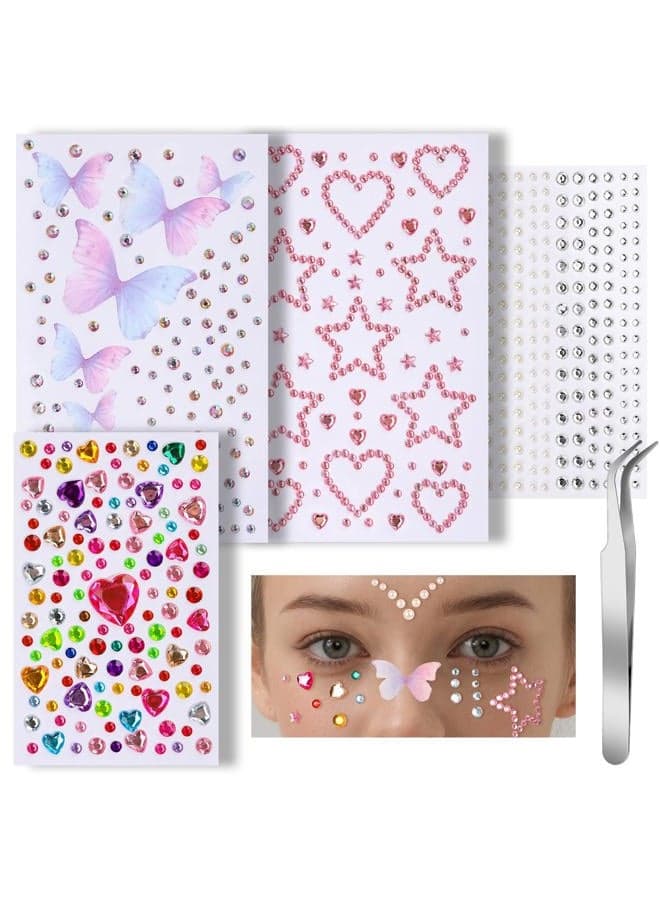 Face Gems for Makeup, Self Adhesive Festival Jewels, Hair Gems, 4 Sheets Rhinestone Stickers for Face, Eye, Makeup, Body