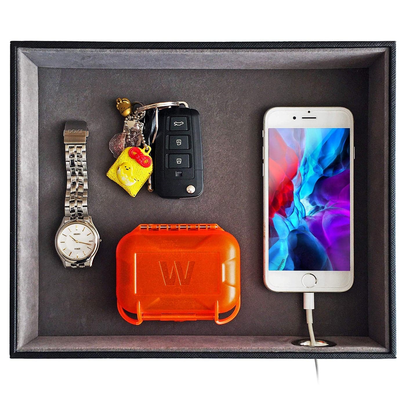 SUKKMORI Valet Tray with Charging Station PU Leather Nightstand Organizer for Men and Women Desk Catchall Tray for Keys Jewelry