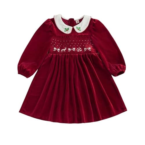 Kids Toddler Girl Christmas Outfit Velvet Dress Doll Collar Long Sleeve Smocked Dresses Party Xmas Winter Clothes (Red, 2-3 Years)