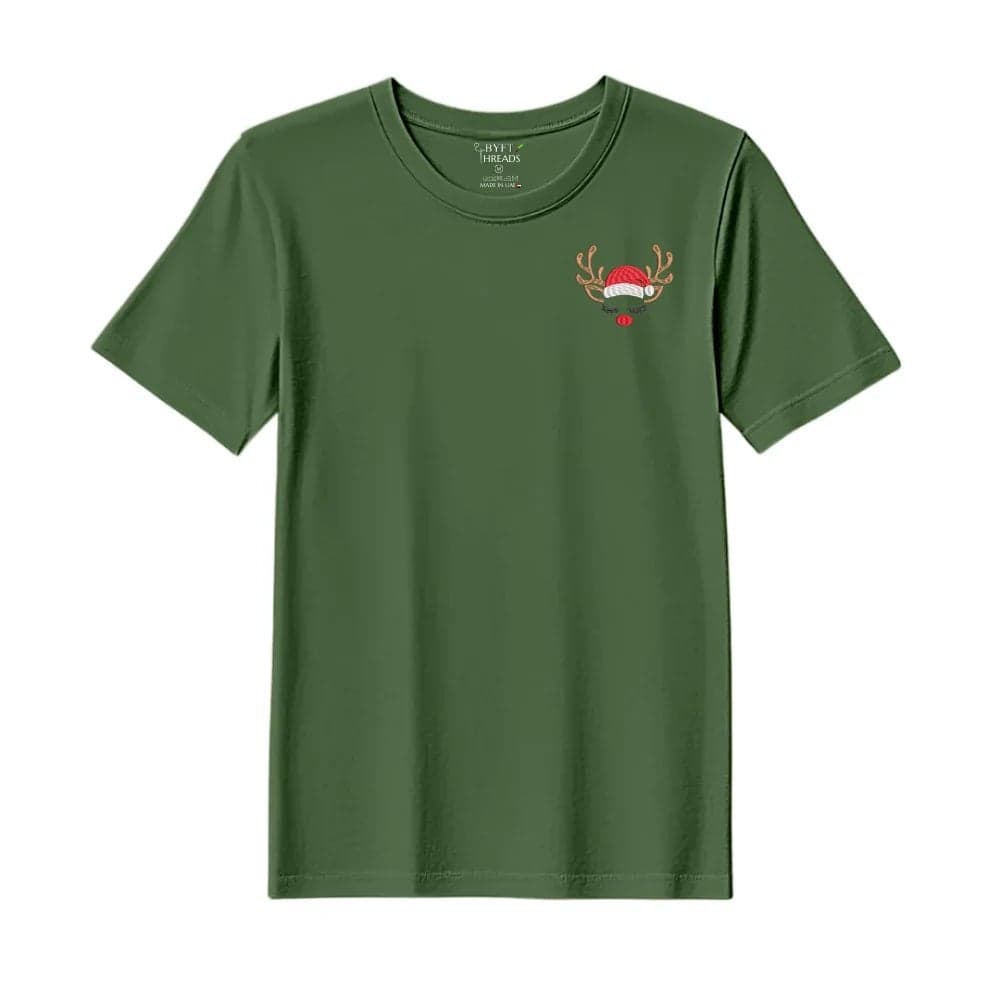 Threads Medium Forest ELF Green Polycotton T-Shirt - Christmas "Sleeping Reindeer Face" Embroidered Design, Premium Holiday Collection