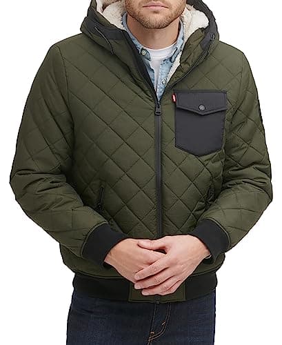 Levi's Men's Diamond Quilted Sherpa Lined Bomber Jacket, New Olive, Medium
