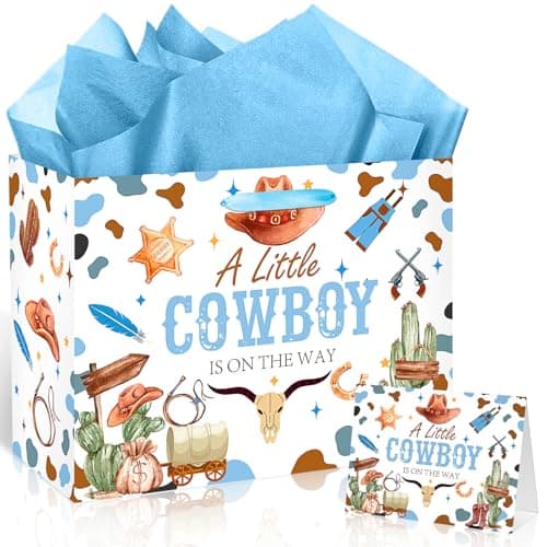 Cowboy Baby Shower Birthday Gift Bag for Baby Boys A Little Cowboy is On The Way Bag with Wrapping Paper Card Wild West Western Rodeo Gift Bag for Baby Shower Birthday Party Supplies