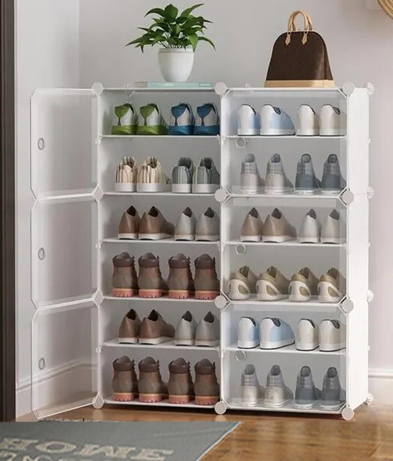 Zemic DIY Portable Shoe Rack for Home Plastic Shelves Household Shelf Shoe Rack with Dustproof Door for HeelsSlippersBoots for Entryway or Bedroom White 12Shelf6Door