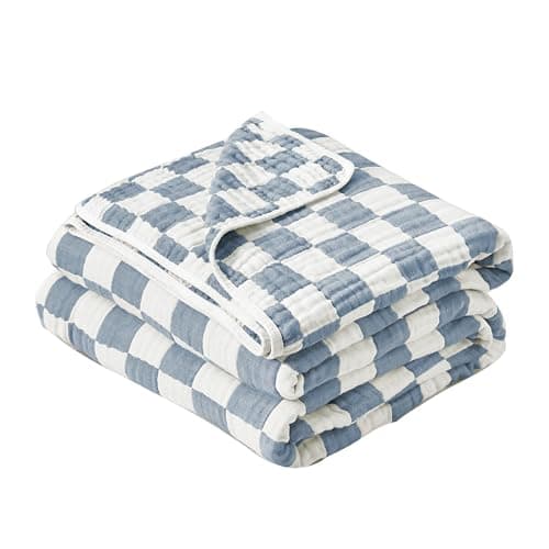 Ultra Soft Cozy 100% Cotton 6-Layer Muslin Baby Blanket 41"x41" Breathable Lightweight Checkered Swaddle Blankets for Baby Boys Essentials Birthday Gifts All Seasons Both Sides (Blue)