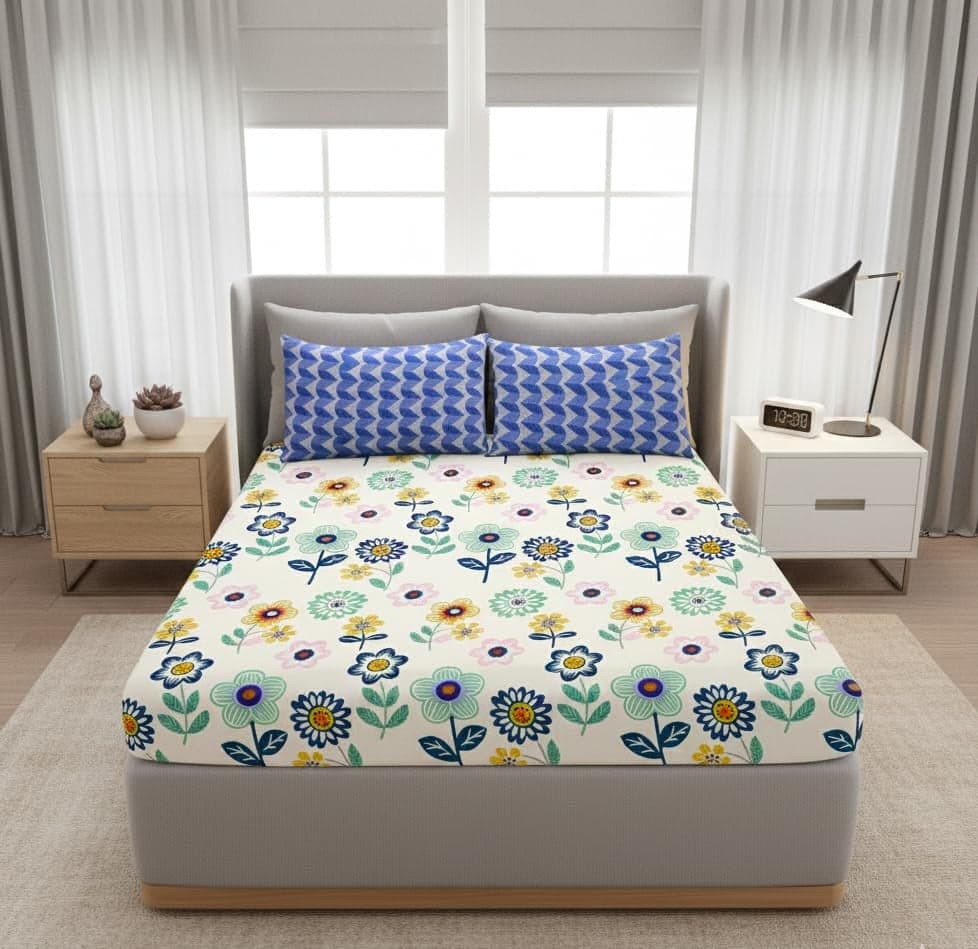DECOMIZER 300 TC Cotton Feel Glace Cotton Elastic Fitted Printed King Size Double Bed Bedsheet with 2 Pillow Coverm Fits Upto 8 inches Mattress, Size- 72x78x10 Inches, Blue Sunflower
