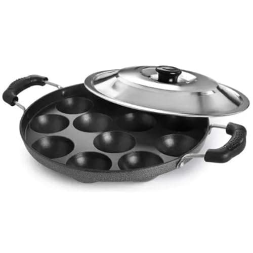 Magrido Non-Stick 12 Cavity Appam Patra with Stainless Steel Lid | Side Handle Non-Stick Appam Maker | Multipurpose Appe Pan, Litti Maker, Paniyaram Pan, Grill Pan | Gas Stove Appam Maker for Cooking
