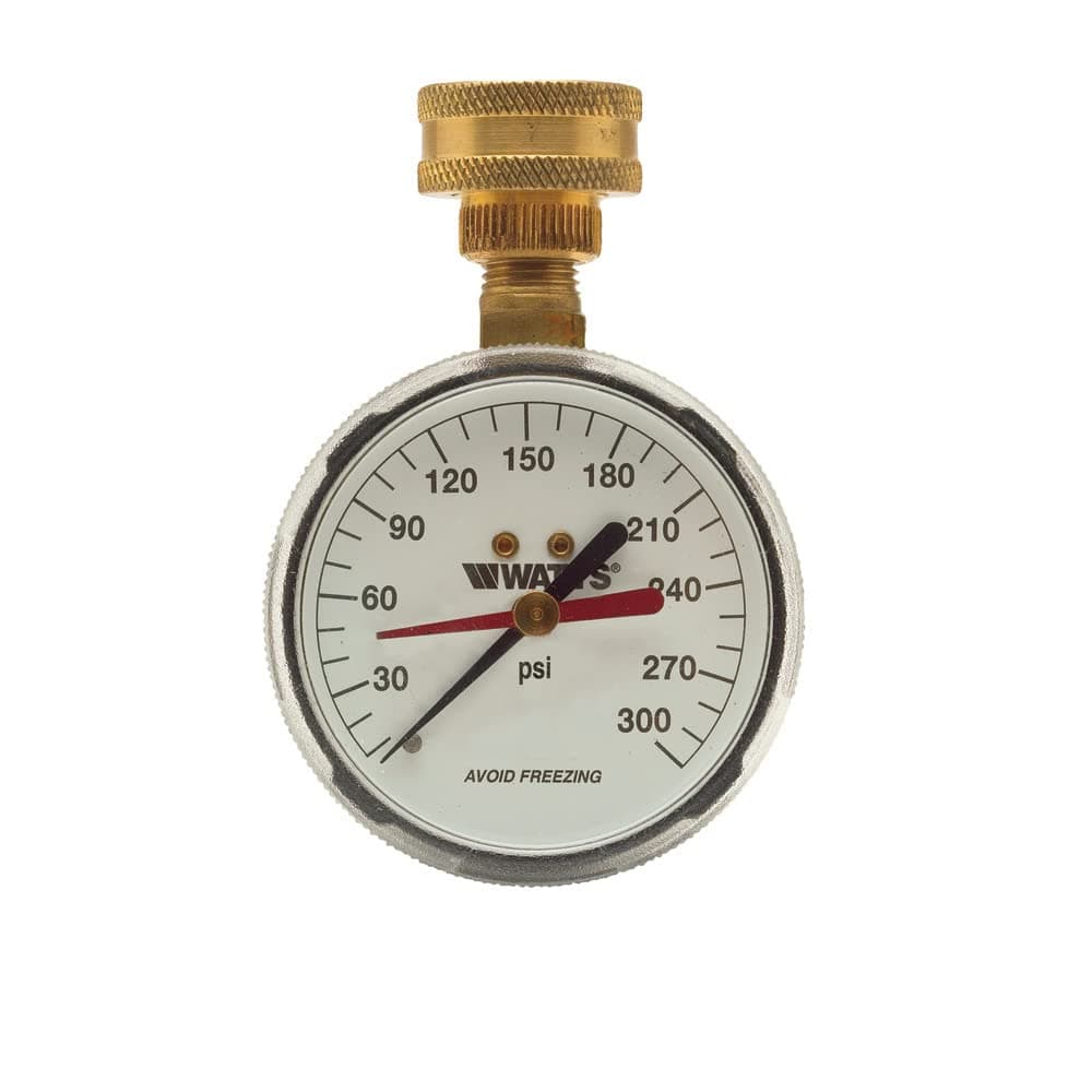 Watts 2-1/2" Hose Connection Water Pressure Test Gauge, 3/4" (20 mm) HT Hose Connection, Copper Alloy, Black Enamel Steel Case, Red Indicator Hands, ASME Type B Accuracy