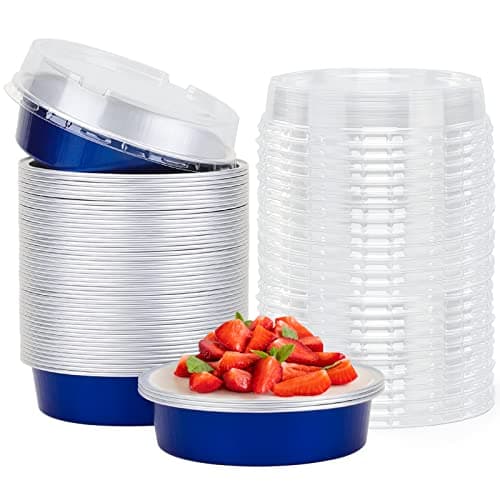 Beasea Mini Tart Pan 50 Pack with Lids, 4 Inch 8oz Jewelry Blue Disposable Aluminum Baking Foil Tins Small Round Container for Individual Dessert Cupcake Muffin Cheesecake Ramekins Quiche Oven Dishes