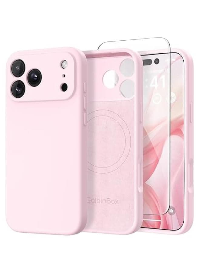 Magnetic for iPhone 17 Pro Case, Compatible with MagSafe, 【Full Camera Protection】 【Screen Protector】, Silicone Shockproof Phone Cover with Anti-Scratch Microfiber Lining, Chalk Pink