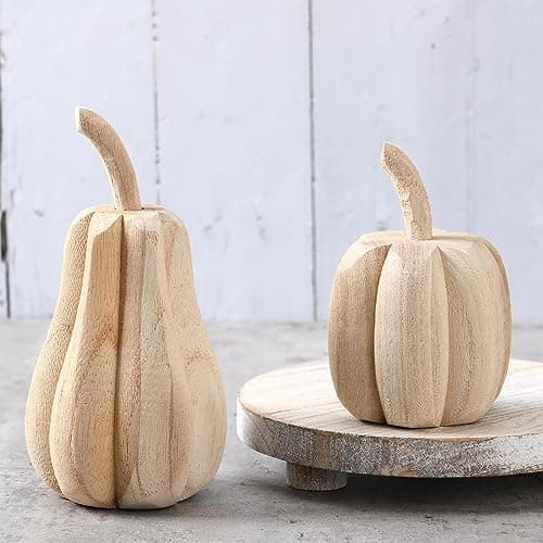 Barydat 2 Pcs Thanksgiving Paulownia Wood Carved Pumpkins 65 x 32 x 32 Inch 45 x 32 x 32 Inch Harvest Pumpkin Figurine Farmhouse Thanksgiving Hand Carved Pumpkin Wood Sign for Table Home Decor