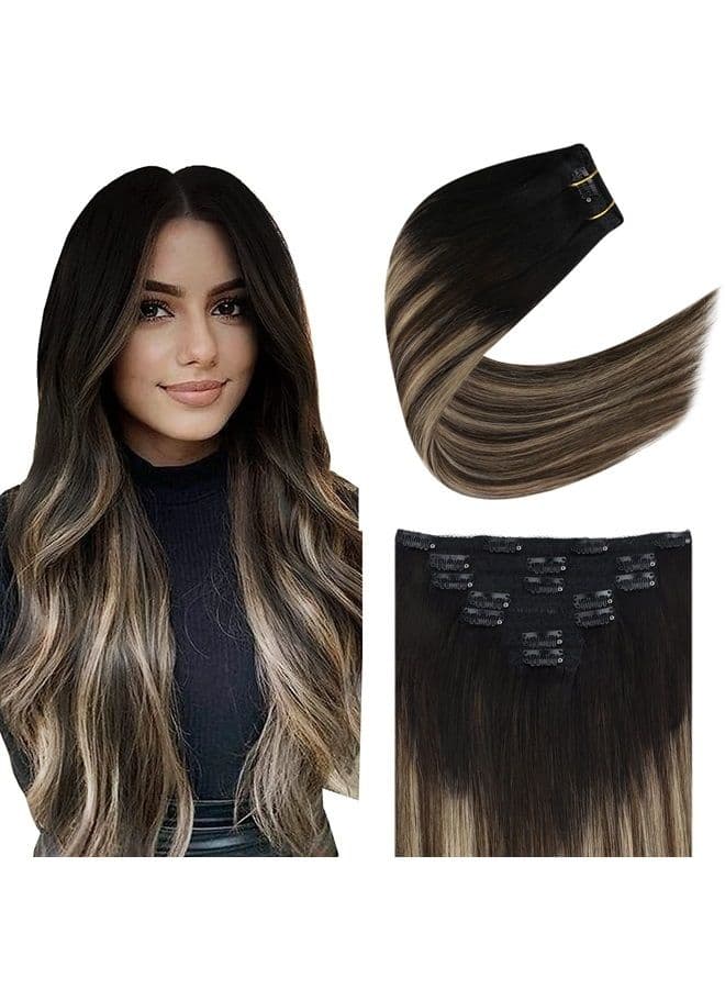 Clip in Hair Extensions Balayage Real Human Hair Clip in Extensions Black to Blonde with Brown Clip in Hair Extensions Human Hair 20inch 120g 7pcs Clip in Human Hair Extensions