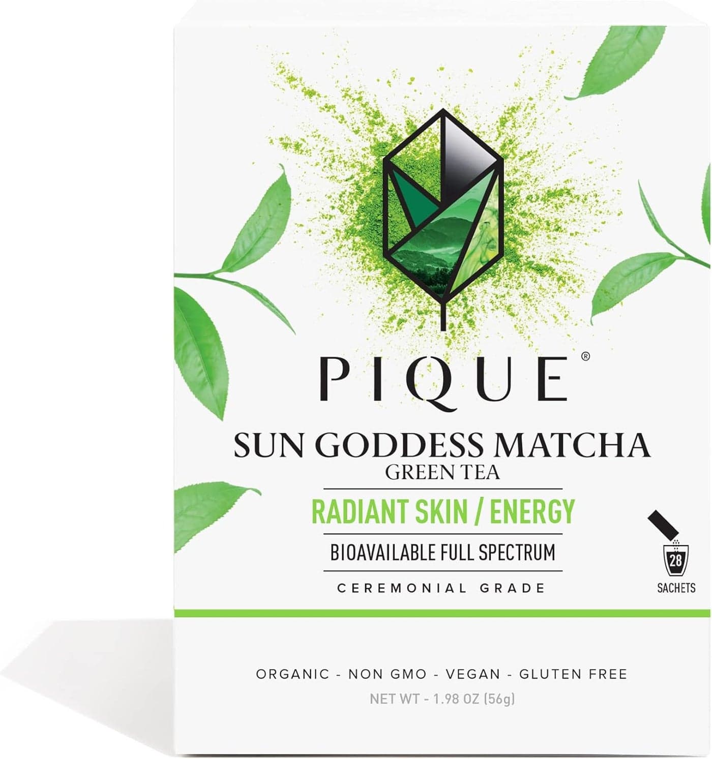Pique Organic Sun Goddess Matcha - Ceremonial Grade Green Tea Powder for Radiant Skin and Calm Energy - 28 Single Serve Sticks
