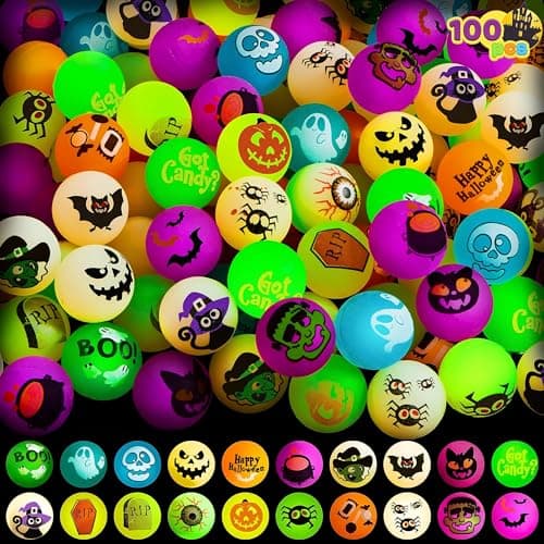 JOYIN 100 PCS Halloween Glow in The Dark Bouncing Balls 20 Designs Halloween Theme Glowing Bouncy Balls for Halloween Party Supplies Party Favors Trick or Treating Goodies