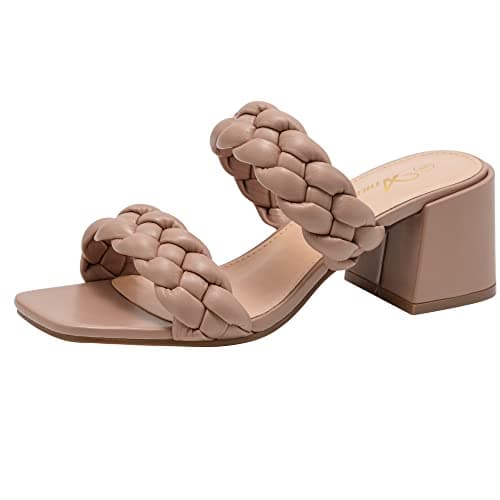 Athlefit Women's Braided Heeled Sandals Strappy Square Open Toe Heels Backless Mules Slip On Block Heels Nude Size 8.5