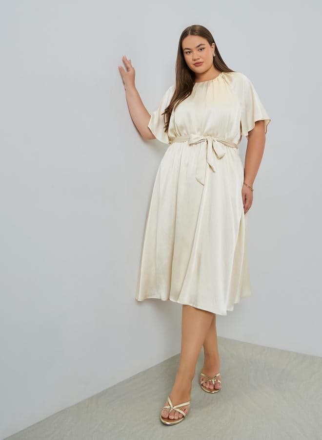 Plus Size Satin Midi Dress with Tie-Belt