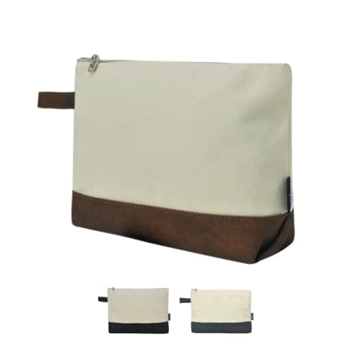 NGIL JuteCanvas Large Travel DYI Cosmetic Bag Pouch for Women Multipurpose Travel Toiletry Pouch Personalized Makeup Bag Best Friend Gift Bridesmaid Gift Ideas Brown Faux Leather