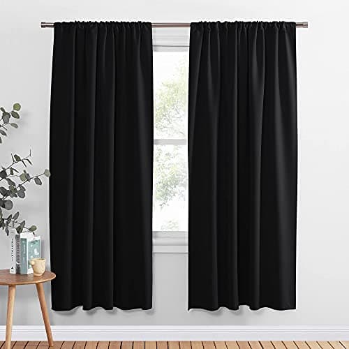 PONY DANCE Blackout Curtains 72 Long Solid Rod Pocket Thermal Panels Black Out Window Cover Energy Efficient Light Blocking Drapes for Living Room 52inch by 72inch Black 2 Pieces