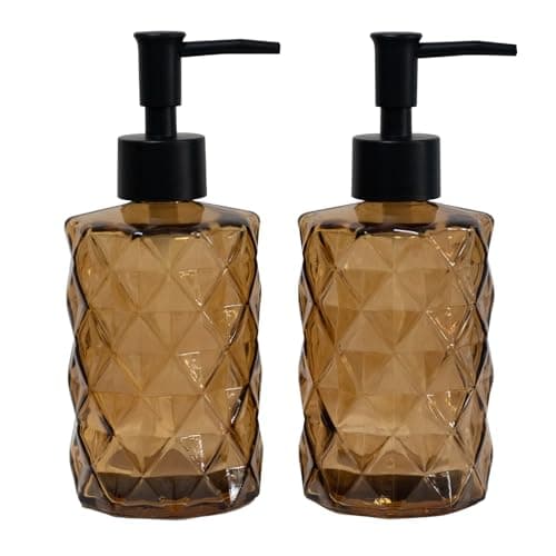 Brown Glass Soap Dispenser with Black Plastic Pump 12oz Refillable Liquid Hand Soap Dispenser 2 Pack Crystal Lotion Bottle for Modern Home Decor Bathroom Kitchen Countertop Hotel