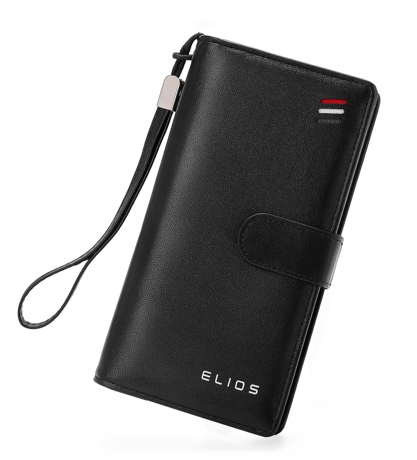 Elios Women's Large Capacity Pu Leather Snap Closure Clutch Wallet Card Phone Holder Organizer Ladies Purse With Wrist Strap, Black