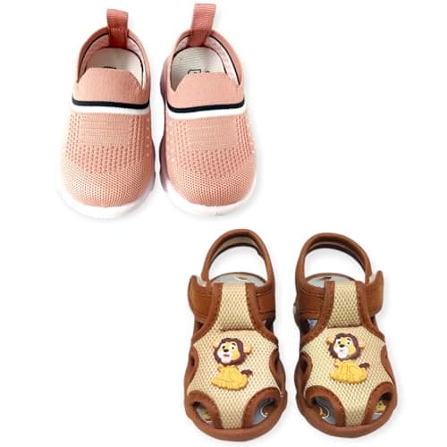 Coolz Kids Chu-Chu Sound Musical Sandals and Shoes Combo (2 Pairs) for Baby Boys and Girls (Peach and Brown, UK Footwear Size System, Toddler, Age, Medium, 18 Months)