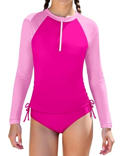 Oranchids Girls Swimsuit Teen Swimsuits for Girls 12-14 Rash Guard Swimsuit Long Sleeve Swimsuits Two Piece Color Block Ruched Zip Swimwear Pink 13-14Y