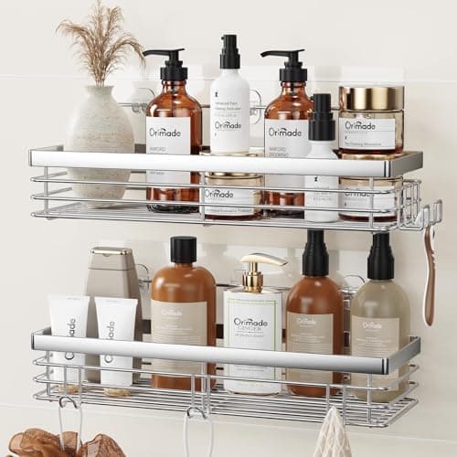 Orimade Shower Caddy with 5 Hooks Organizer for Hanging Razor and Sponge Bathroom Basket Adhesive Shower Shelf Storage Kitchen Rack Wall Mounted No Drilling Rustproof Stainless Steel - 2 Pack
