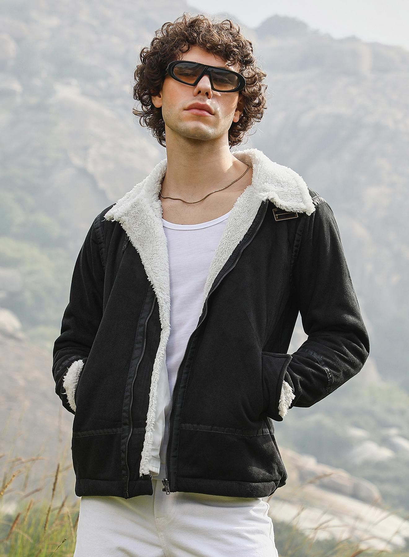 Men's Carbon Black & Chalk White Fleece Lined Biker Jacket