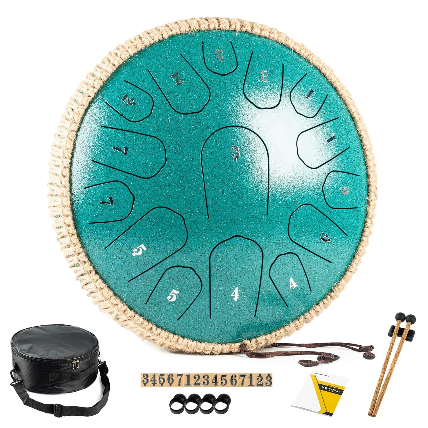 HOPWELL Steel Tongue Drum - 13 Inches 15 Notes Tongue Drum - Hand Pan Drum with Music Book, Handpan Drum Mallets and Carry Bag, D Major (Malachite Green)