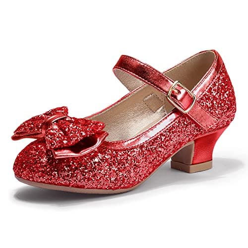 PANDANINJIA Girls Dress Shoes Toddler Heels Ruby Bow Mary Jane Low Heels Flower Girl Party Pumps Wedding Princess Shoes for Toddler/Little Kid/Big Kid (Red Sequin, 2 M US Little Kid)