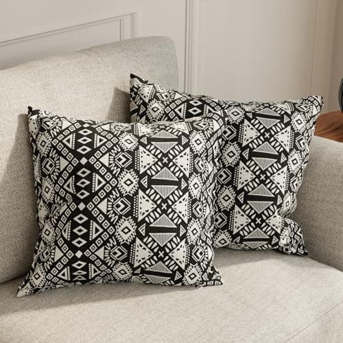 HUESLAND Premium Cotton Cushion Cover 16 x 16 inch Set of 2 | Decorative Throw Pillow Covers for Sofa, Living Room & Bedroom | Geometric Black