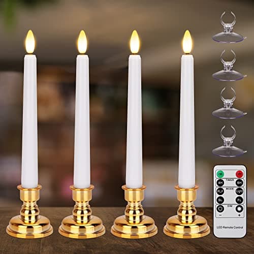 FPOO Flameless Taper Candles Flickering with Remote Timer 4PCS Battery Operated Window Candles with Gold Candlesticks and Suction Cups 8 Inch Warm White 3D Flame Candle for Home Xmas DecorWhite