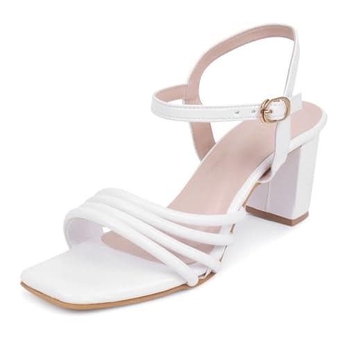 TRASE Women's Ankle Strap Block Heels Sandals| Fashionable Sandals for Women & Girls | Light weight, Soft Footbed, Comfortable & Stylish - 47066, White, 6 UK