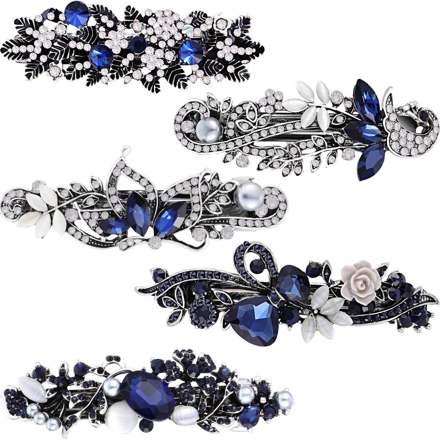 5 Pieces Crystal Rhinestones Hair Barrettes Large Flower Butterfly Pearl French Vintage Clip Wedding Navy Hair Jewelry for Thick long Hair for WomenExquisite Style