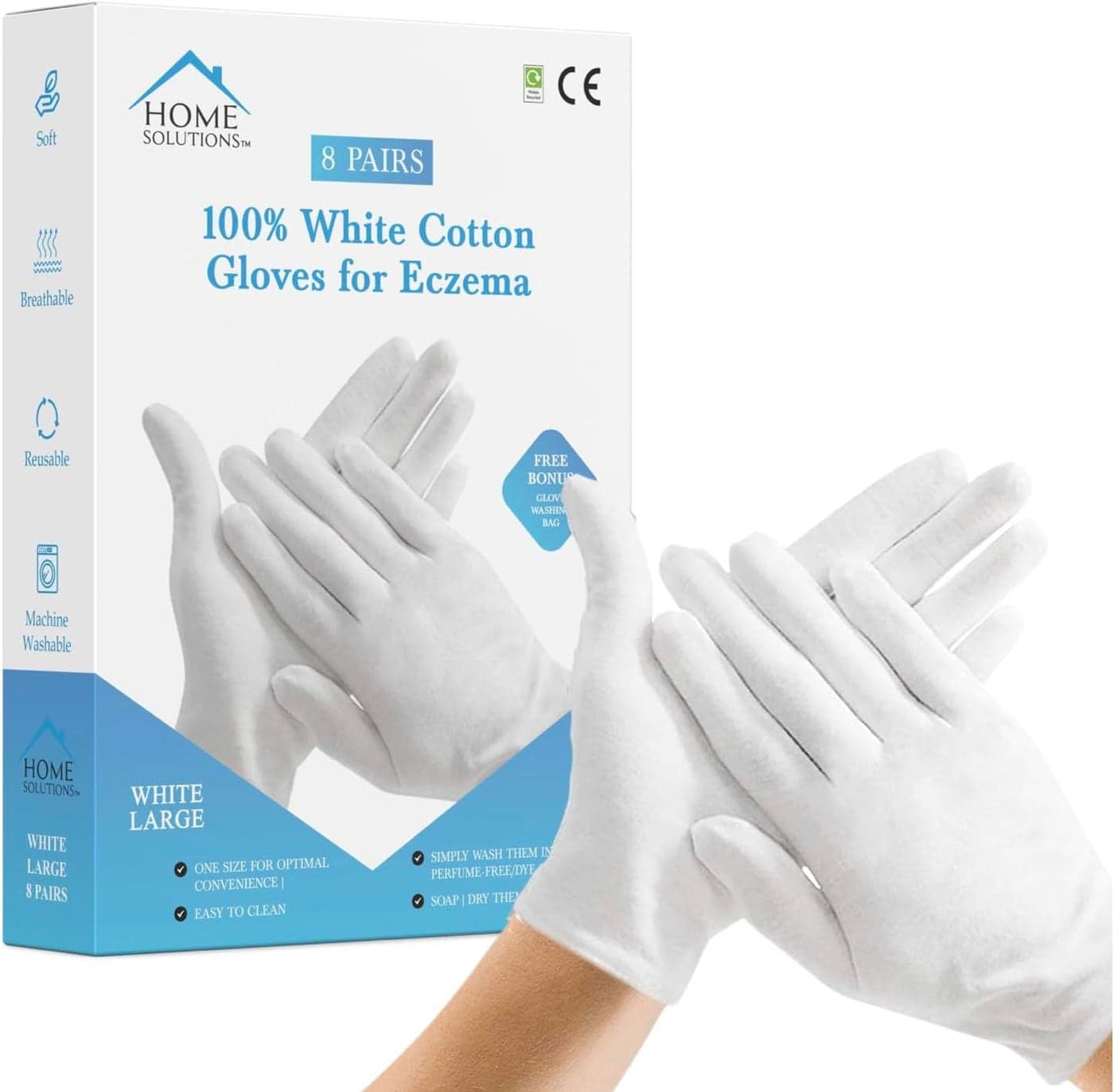 Premium Cotton Gloves for Eczema 8 Pairs with Free Wash Bag Men Women Hand MoisturiserMoisturising White Gloves for Dry Hands Overnight Large Size