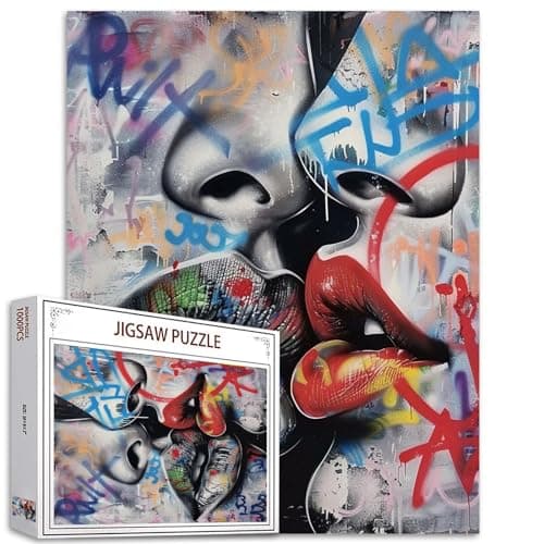 Love Couple Jigsaw Puzzle Street Graffiti Art 1000 Piece Jigsaw Puzzles for Adults Red and Black Lips Touching Home Decoration Family Puzzle Perfect for Game Nights Ideal Gift Choice 20 x 27 Inch